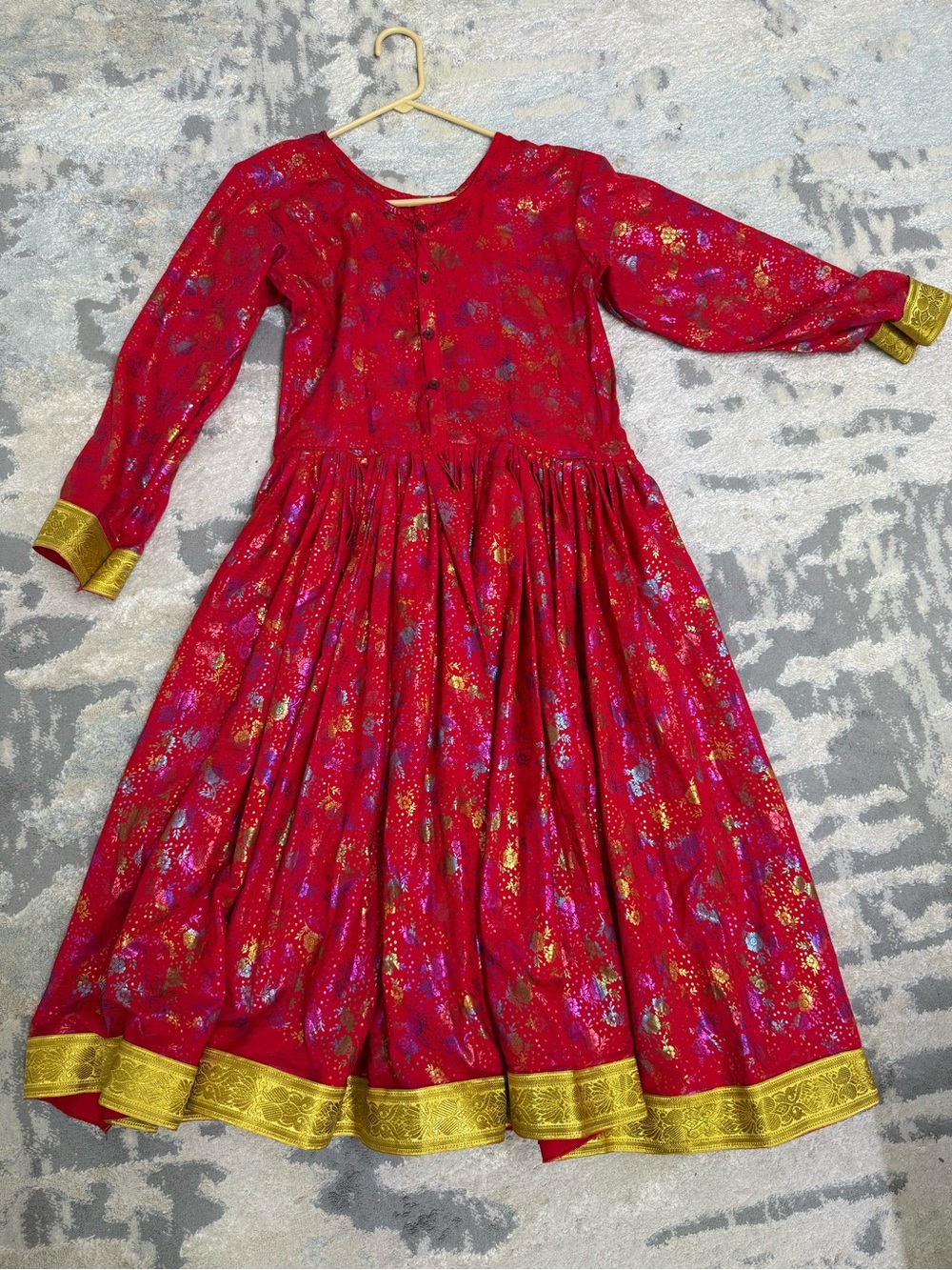Red Maxi Dress with Gold Trim - Women's Festive Maxi